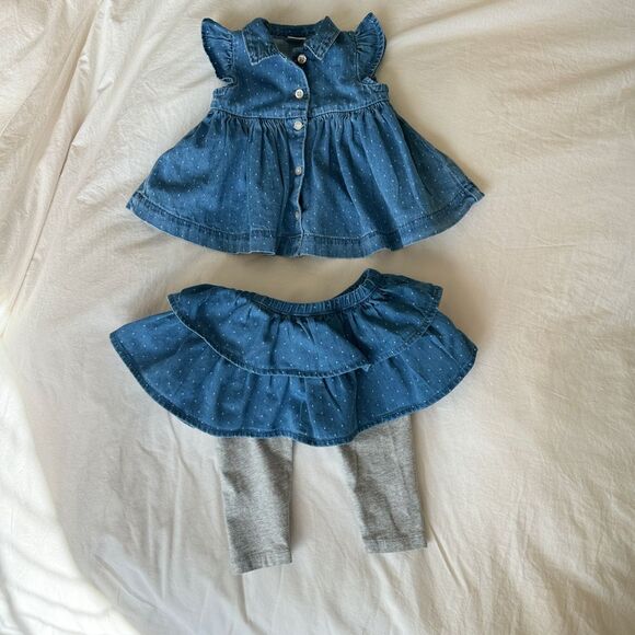 Bundle of Baby Gap Denim Polka Dot Ruffled‎ Top & Skirt Leggings, 3-6 mos - Picture 1 of 8